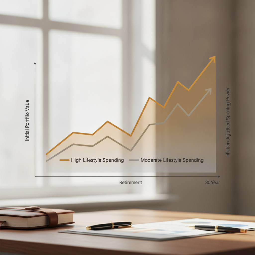 a graph or chart showing the diverging impact of inflation on a high lifestyle spending level versus a moderate one over a 30-year retirement period — high-net-worth risk management