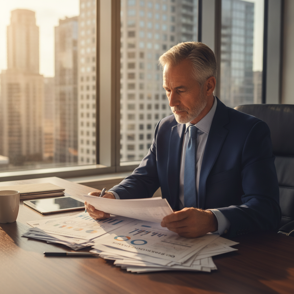 a professional executive in business attire reviewing a stack of financial statements at a modern office desk with a city skyline visible through the window — old 401k rollover