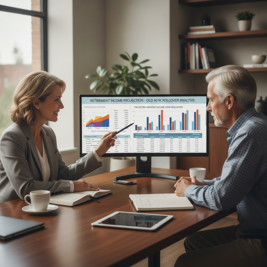 a financial advisor and client sitting across from each other at a conference table reviewing a detailed retirement income projection on a large monitor — old 401k rollover
