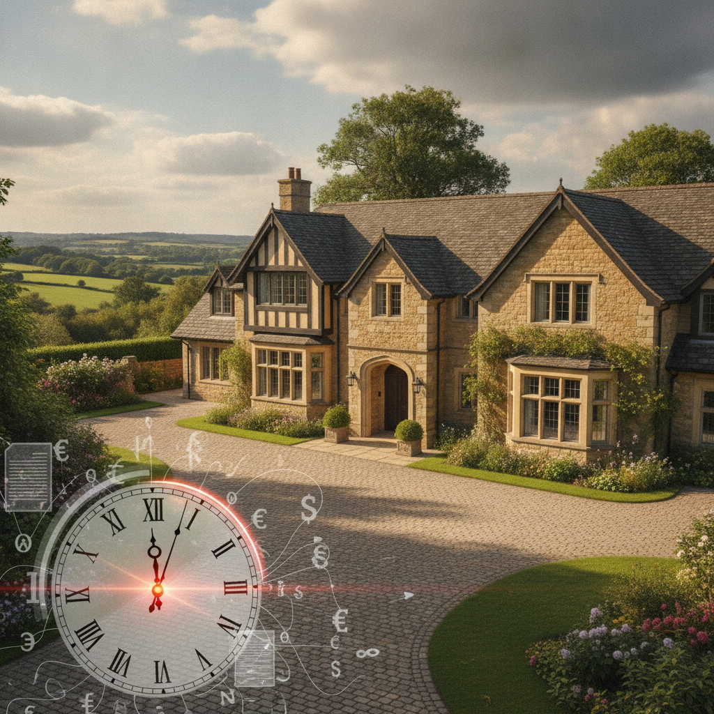 a family estate or large home with a clock overlay symbolizing urgency around estate planning deadlines — estate tax exemption