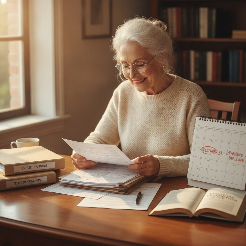 a grandparent reviewing financial documents at a desk with estate planning folders and a calendar marked with year-end deadlines — estate tax exemption