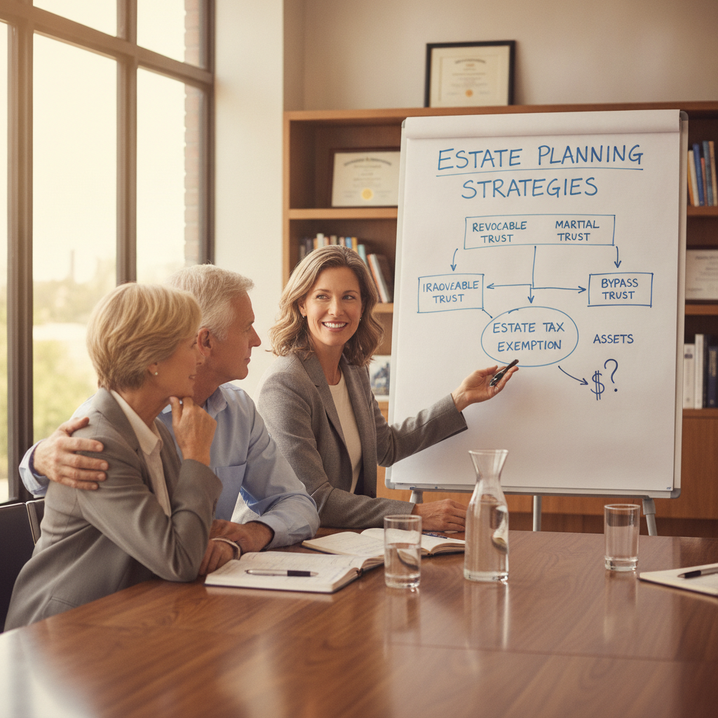 a fiduciary advisor meeting with a couple to review estate planning strategies on a whiteboard with diagrams of trust structures — estate tax exemption