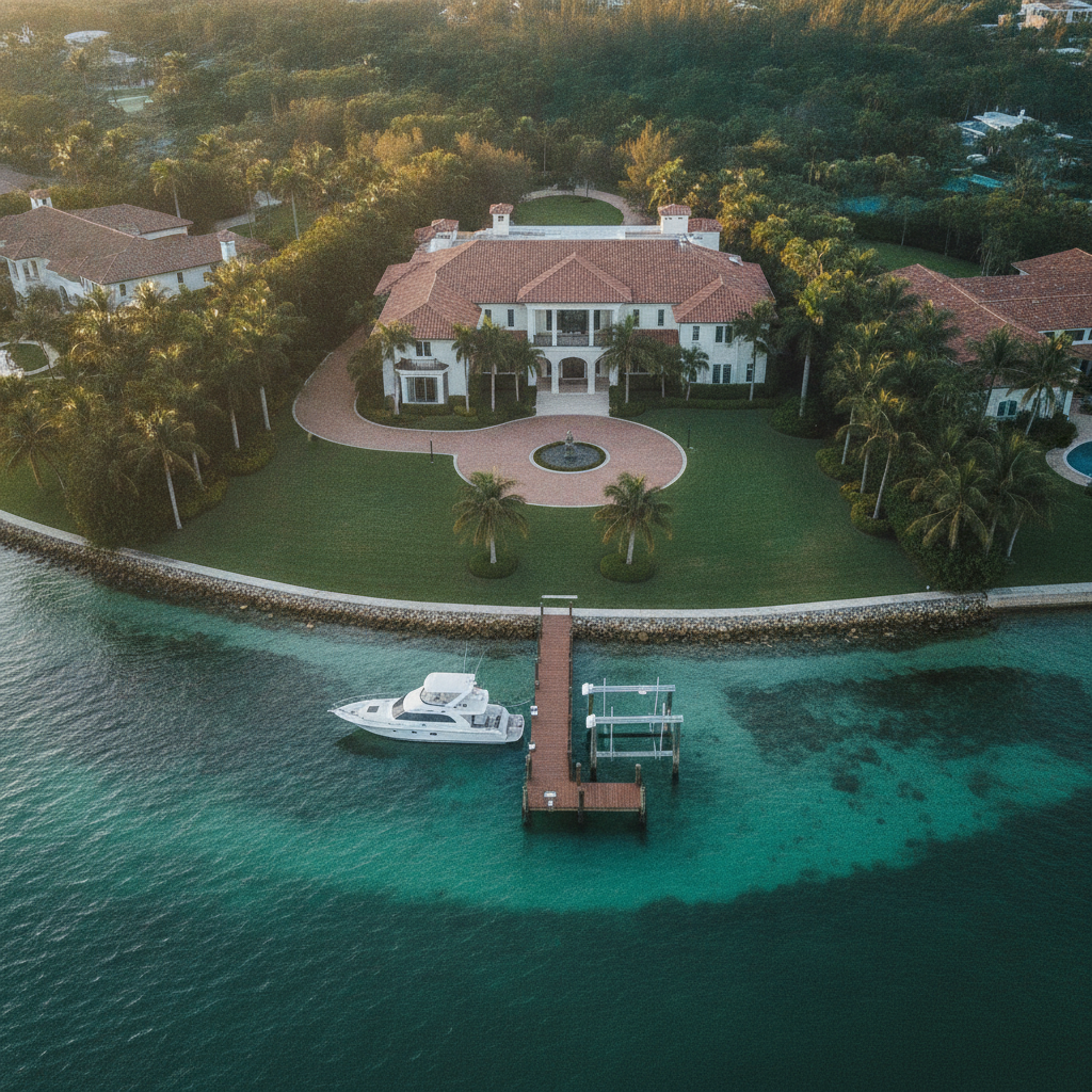 an aerial view of a luxury waterfront home in South Florida with a dock and lush landscaping representing a high-value residence being transferred into an estate planning trust — qualified personal residence trust