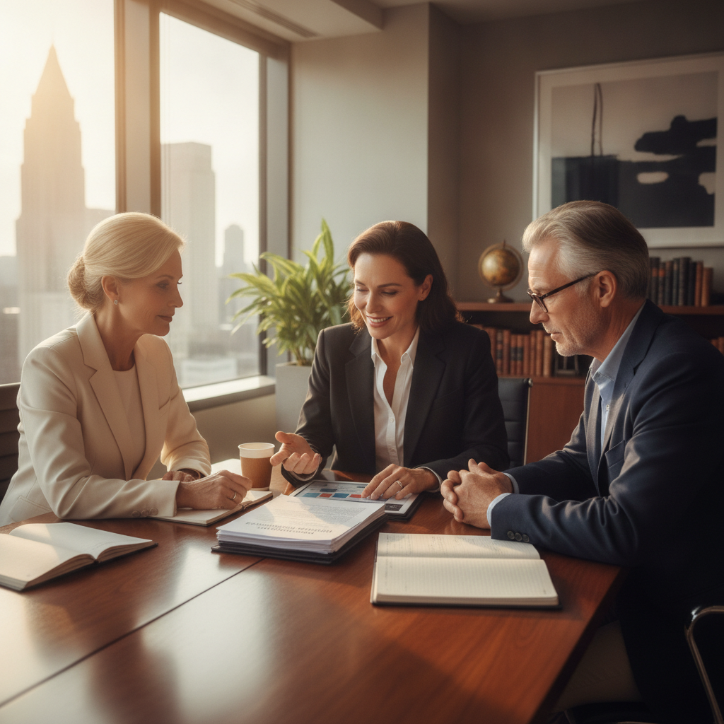 a professional estate planning attorney and a financial advisor reviewing trust documents at a conference table with a high-net-worth couple in a modern office setting — qualified personal residence trust