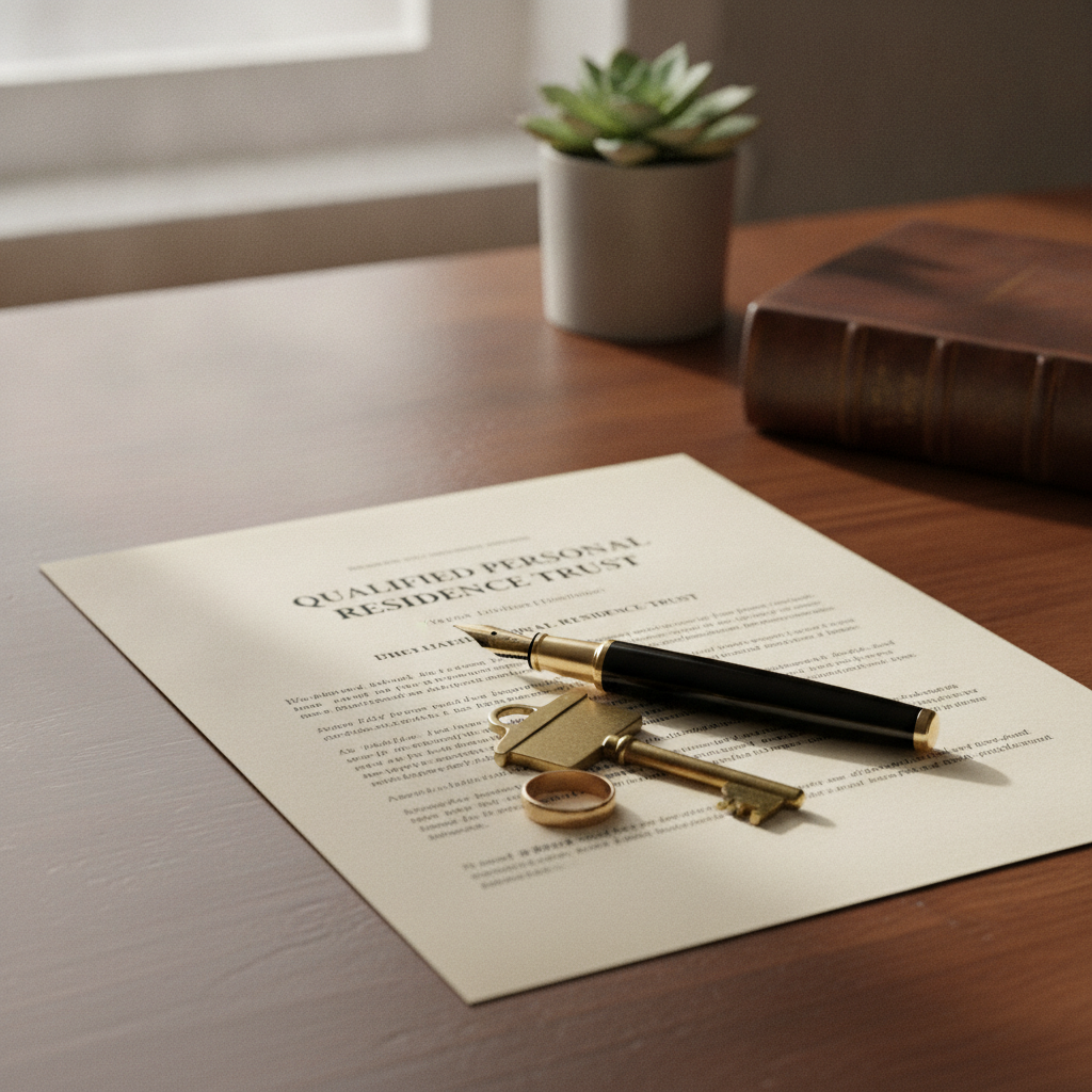 a close-up of a legal document titled Qualified Personal Residence Trust with a pen and a house key resting on top symbolizing the formal legal transfer of a home into an estate planning trust — qualified personal residence trust
