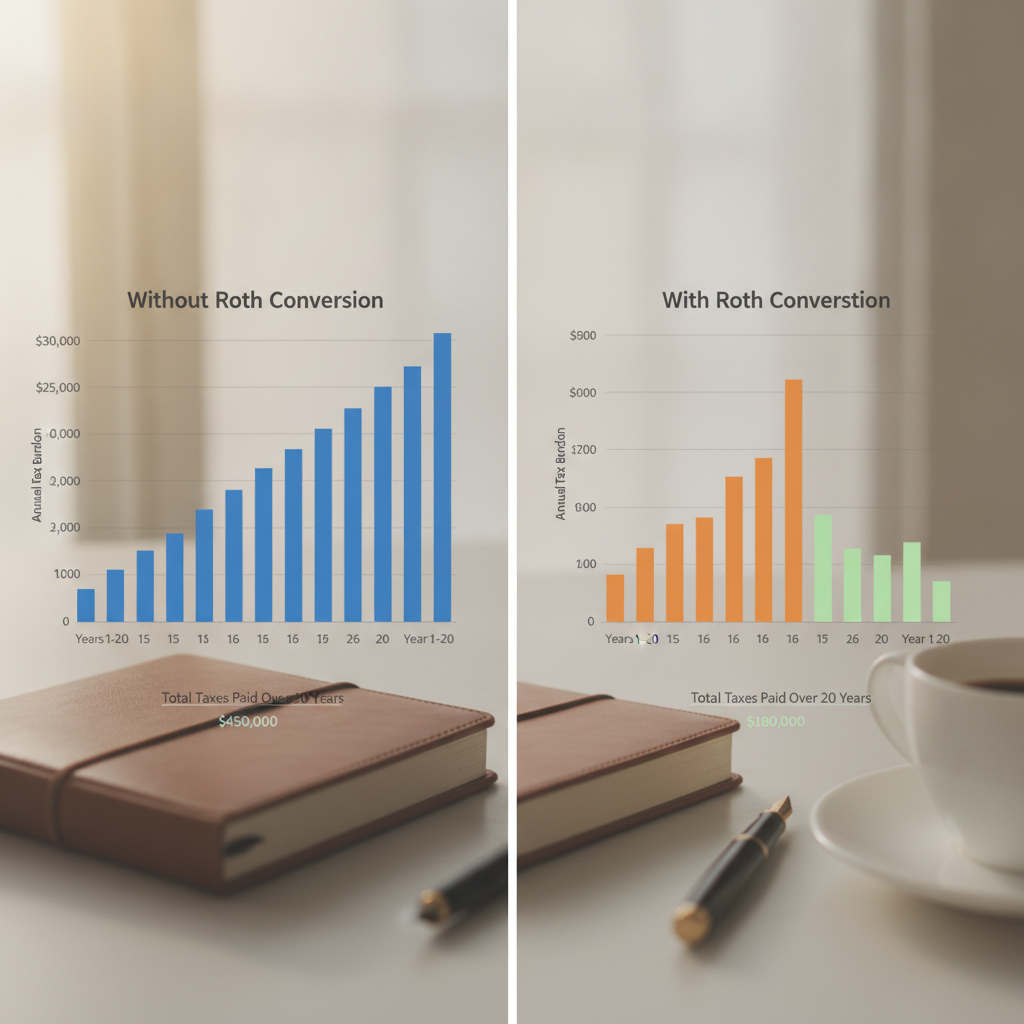 a side-by-side tax projection chart showing a retiree's tax burden with and without a roth conversion strategy over a 20-year period — roth conversion