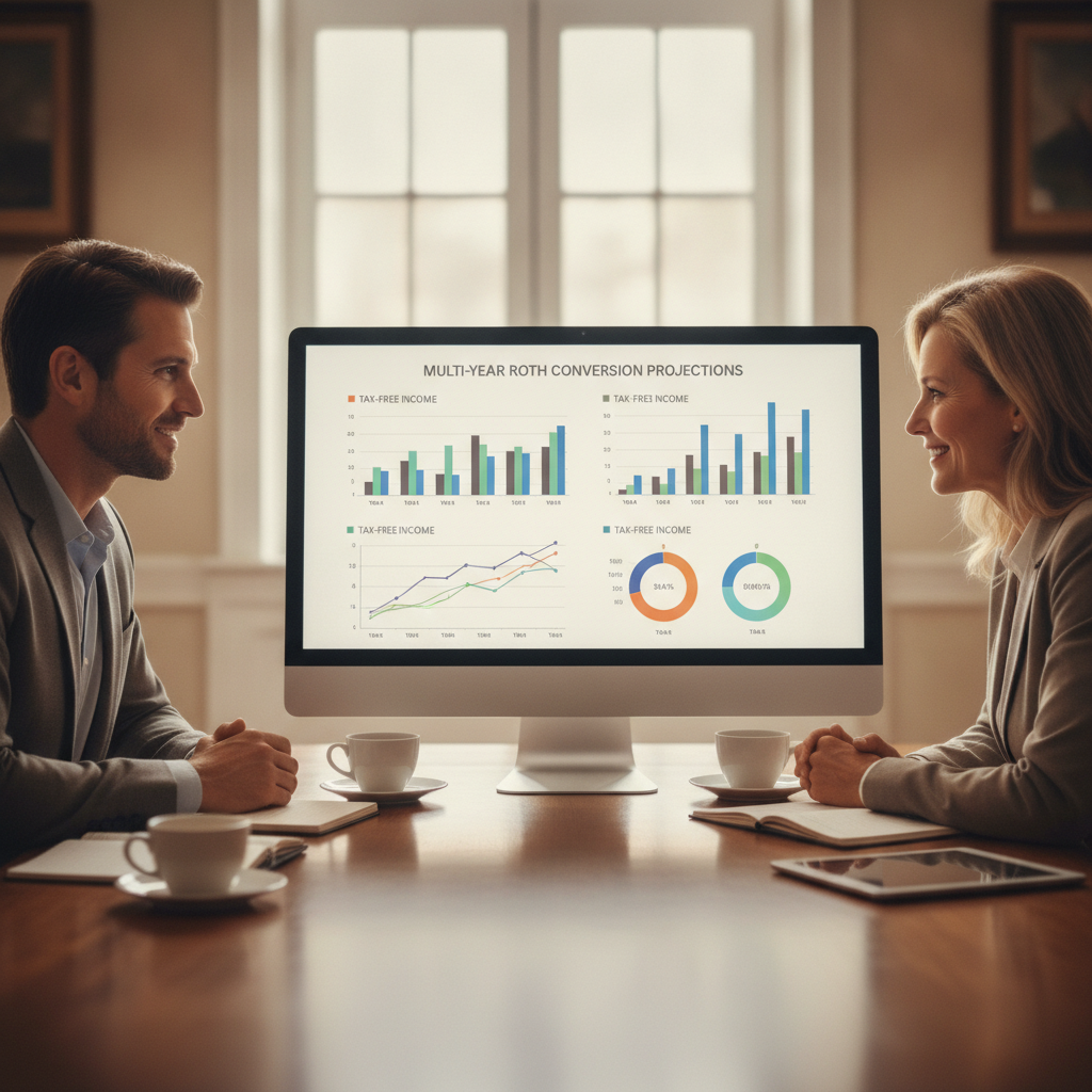 a financial planner working with a couple at a conference table reviewing multi-year roth conversion projections on a large monitor — roth conversion