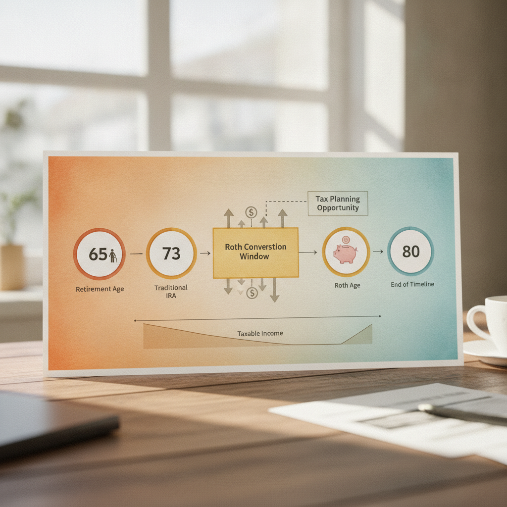 an infographic-style illustration showing a tax timeline from retirement age 65 through age 80 highlighting the roth conversion window gap years between retirement and RMD age 73 — roth conversion