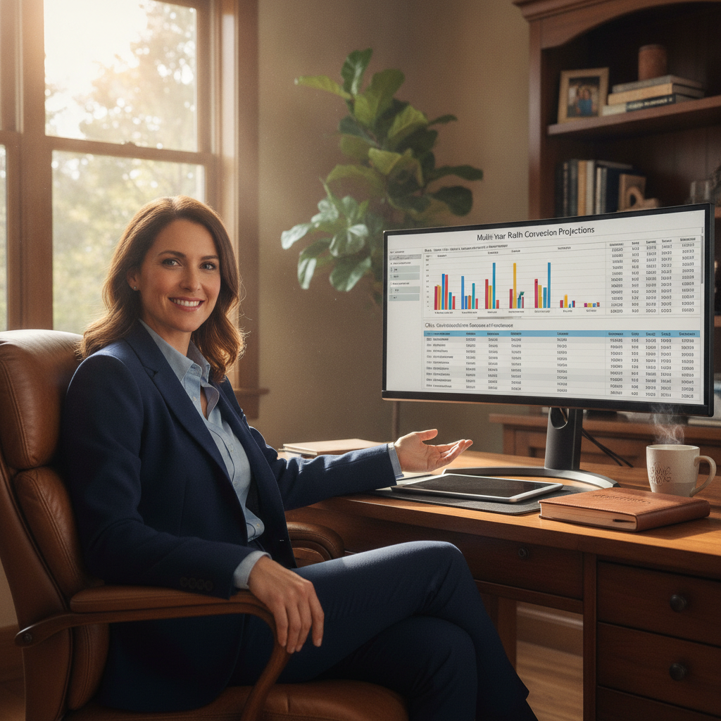 a confident executive reviewing multi-year Roth conversion projections on a large monitor in a modern home office — roth retirement strategies