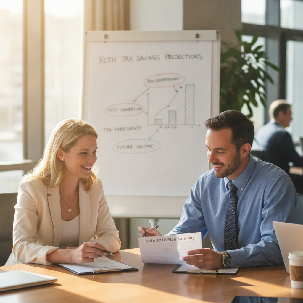 a business owner and financial advisor reviewing a Solo 401k plan document at a conference table with a whiteboard showing tax savings projections — roth retirement strategies