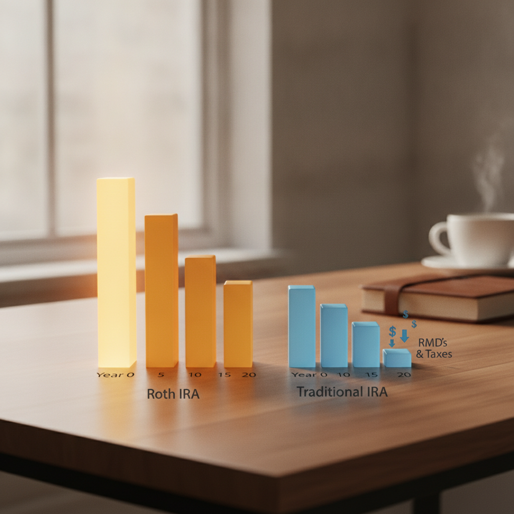 a bar chart illustration showing tax-free Roth account balance growing over 20 years compared to a traditional IRA balance shrinking due to RMDs and taxes — roth retirement strategies