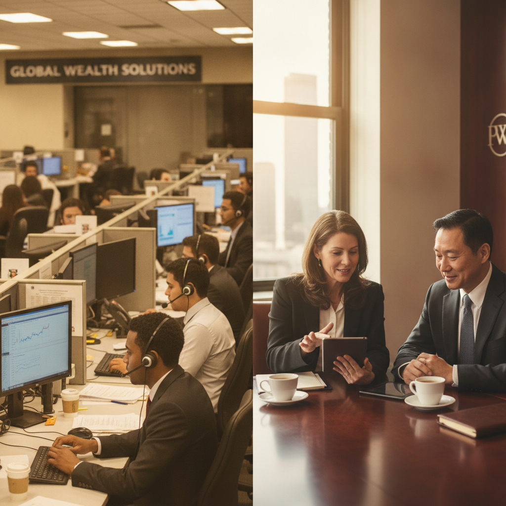 a split-scene graphic showing a crowded wirehouse call center on one side and a quiet private advisory meeting between two professionals on the other — private wealth management