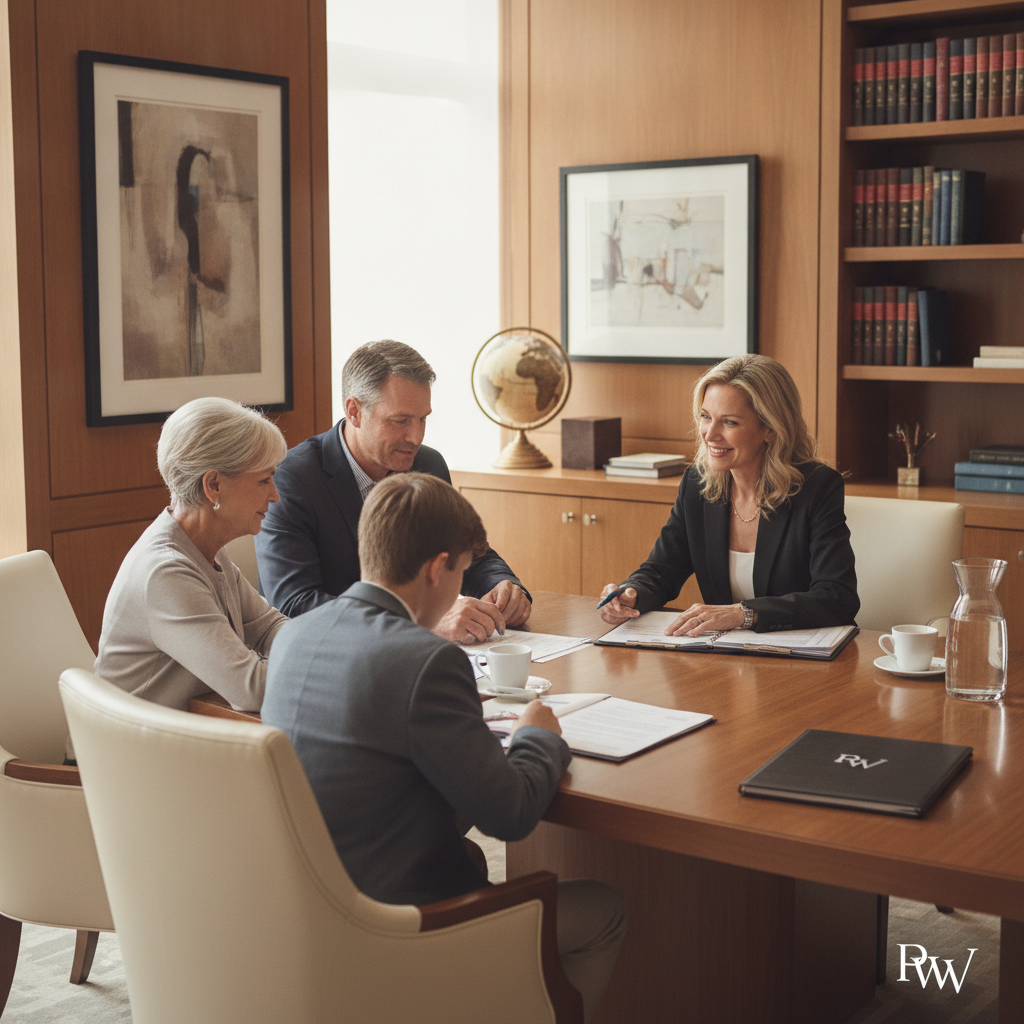 a family of three generations sitting together at a table reviewing documents with a financial advisor in a warm professional office setting — private wealth management