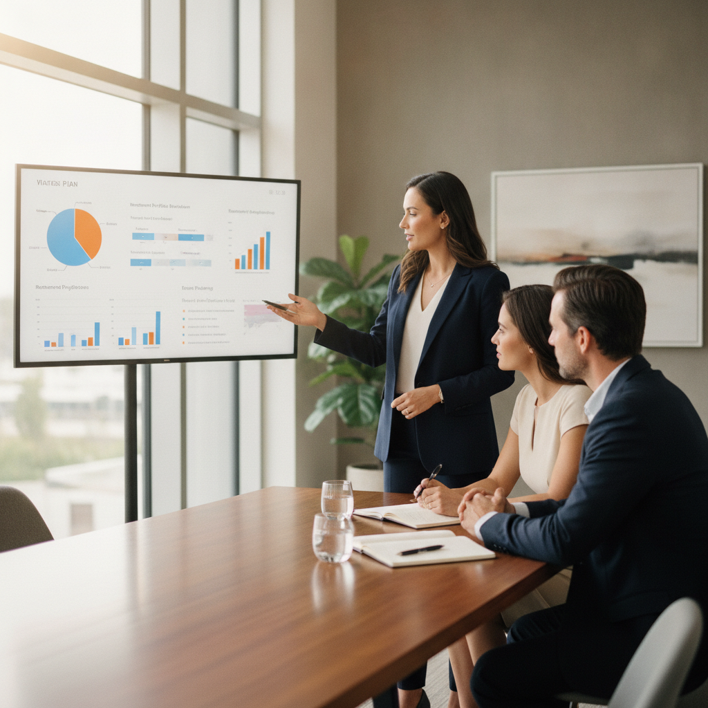a professional advisor presenting a detailed financial plan on a large monitor screen to a well-dressed couple in a modern conference room — private wealth management