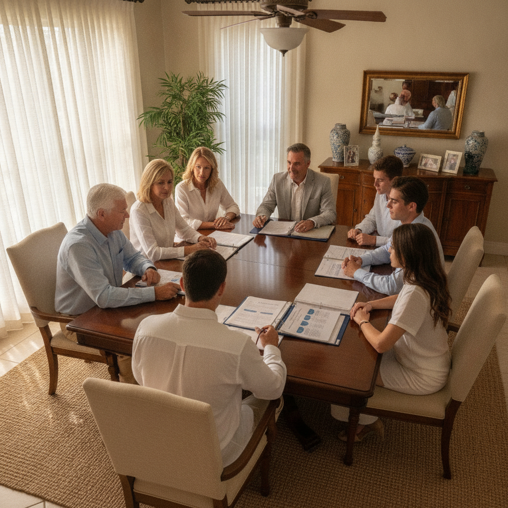 a multi-generational family seated around a large dining table reviewing documents with a financial advisor in a well-appointed Florida home — dynasty trusts