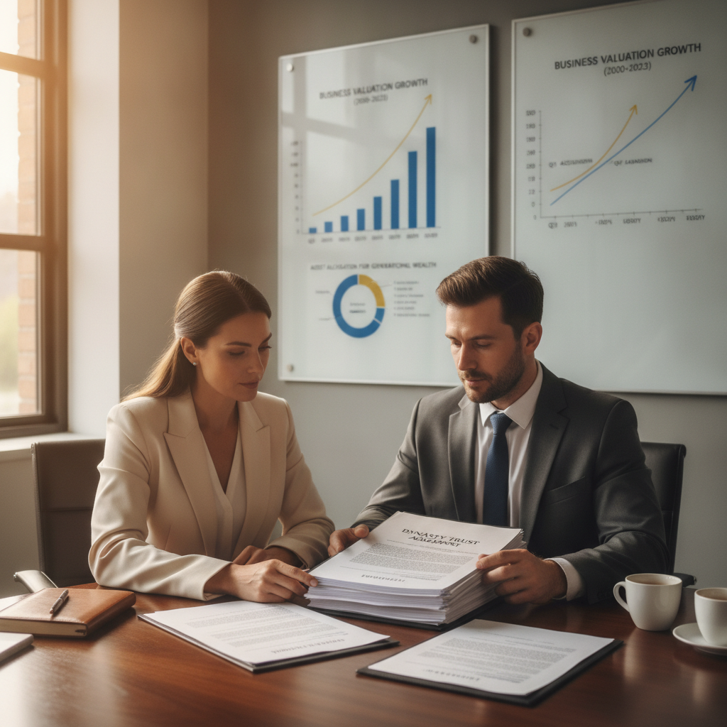 a business owner and attorney reviewing trust documents at a conference table with charts showing business valuation growth — dynasty trusts