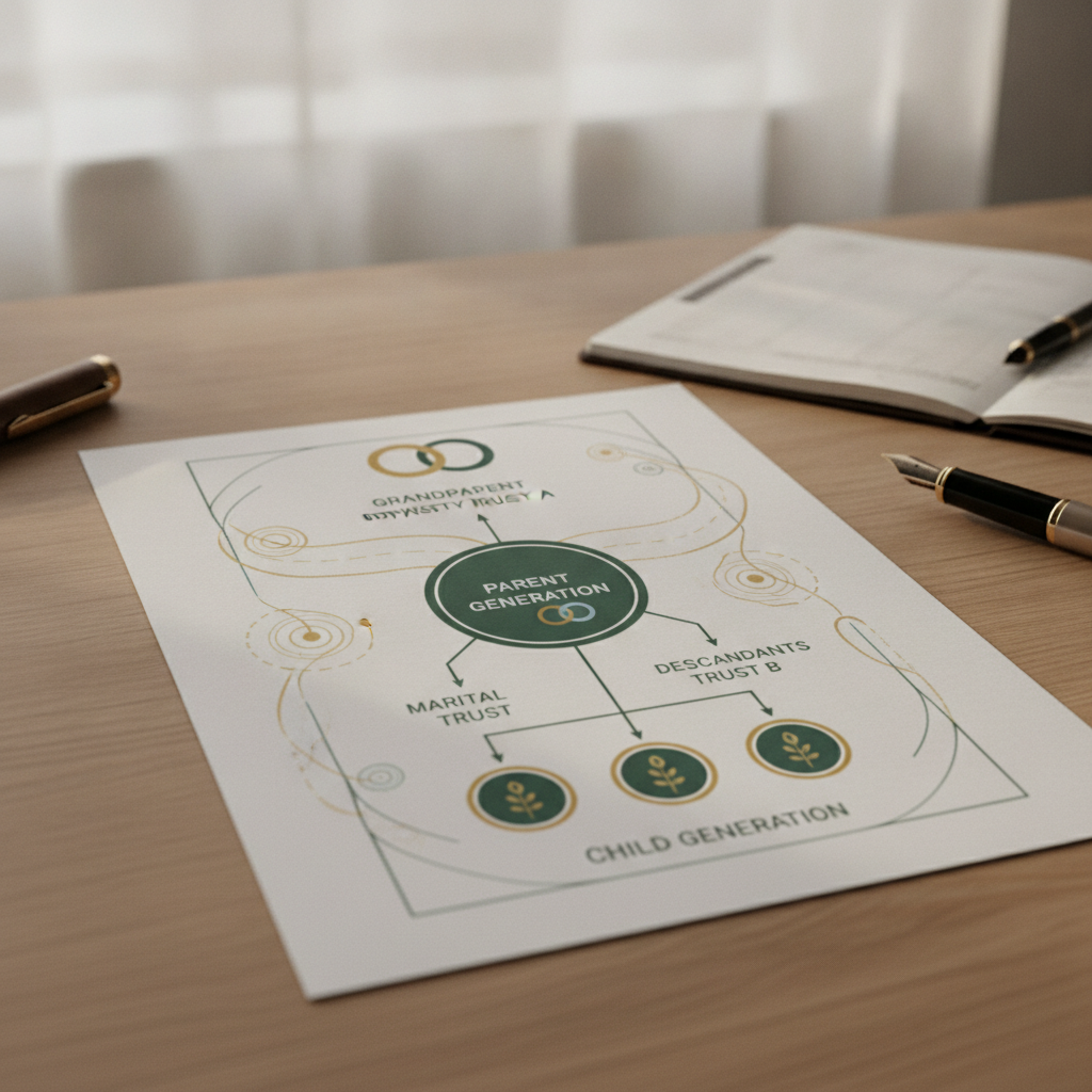 an illustrated diagram showing wealth flowing through three generations of a family tree with labeled trust structures at each level — dynasty trusts