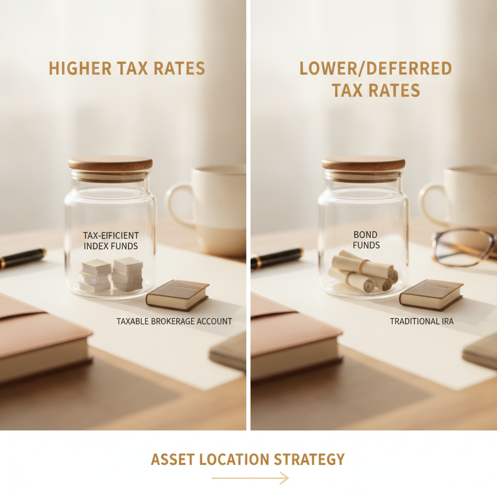 a split-screen diagram showing a taxable brokerage account on the left holding tax-efficient index funds and a traditional IRA on the right holding bond funds, with tax rate labels above each — asset location strategy