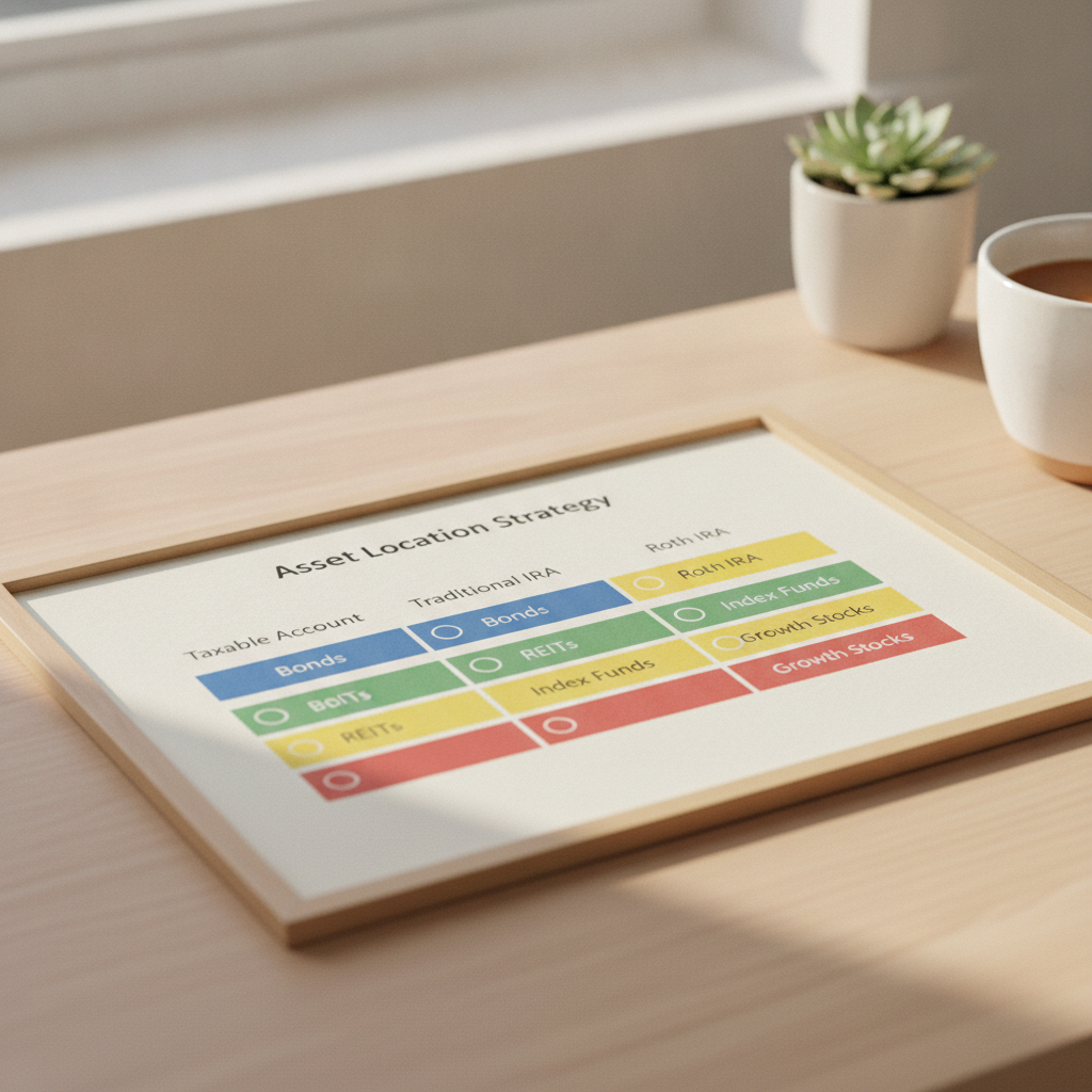 a three-column chart showing which investment types belong in taxable accounts, traditional IRAs, and Roth IRAs with color-coded rows for bonds, REITs, index funds, and growth stocks — asset location strategy