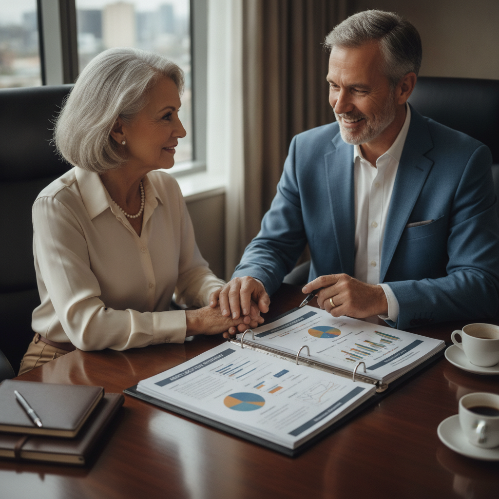 an affluent couple in their 60s sitting with a financial advisor at a conference table reviewing a multi-account portfolio summary with charts showing different account types and tax labels — asset location strategy