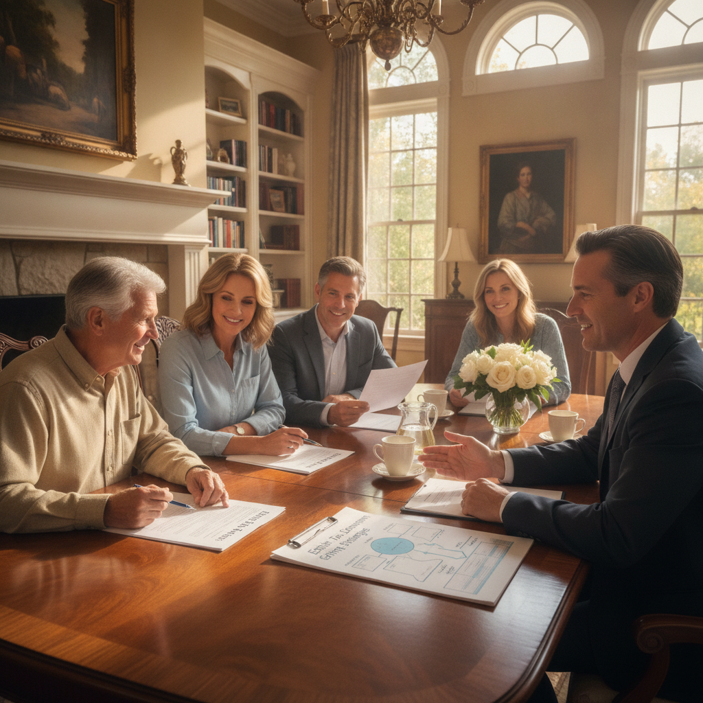 a multigenerational family seated around a dining room table reviewing estate planning documents with a financial advisor in a well-appointed home — estate tax exemption