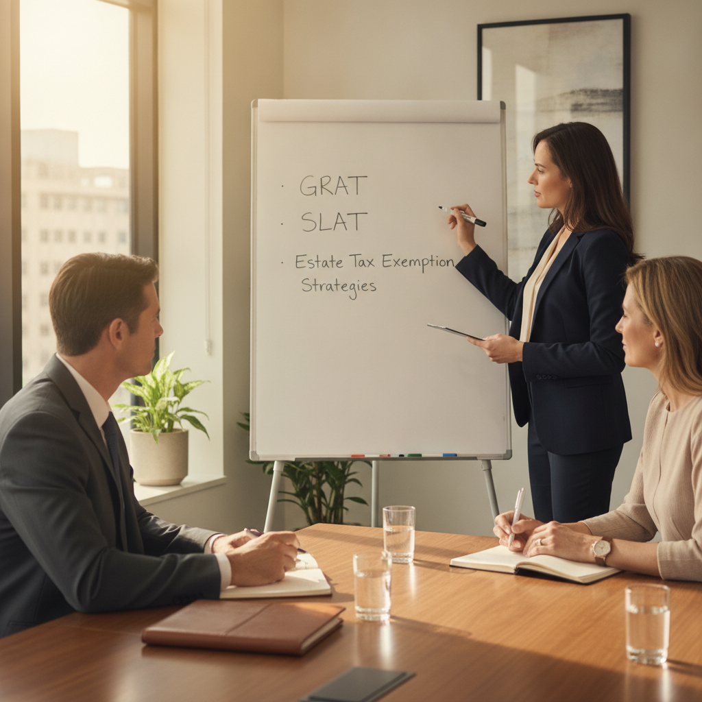 a financial advisor writing GRAT and SLAT on a whiteboard in an advisory office while a well-dressed couple takes notes — estate tax exemption