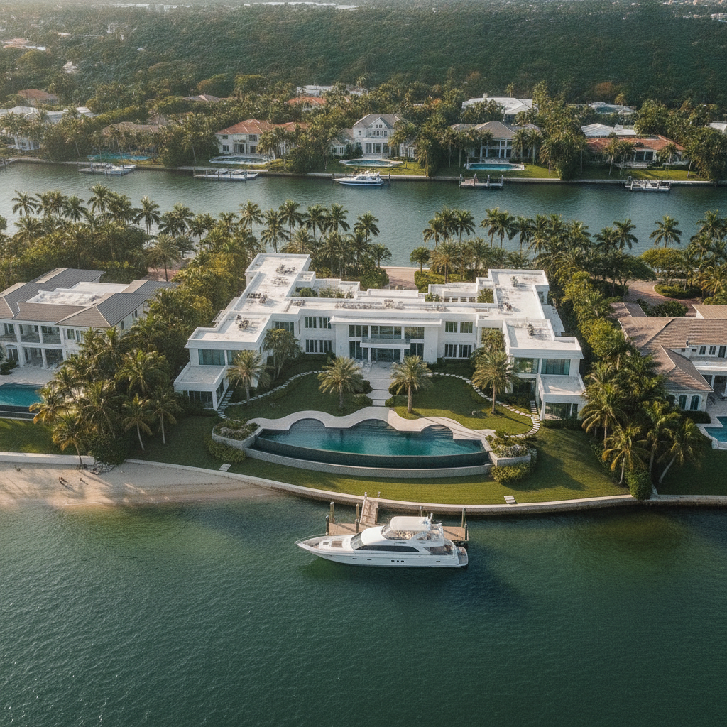 an aerial view of a modern waterfront estate in South Florida representing the type of high-value real estate that drives elevated estate values in the region — estate tax exemption