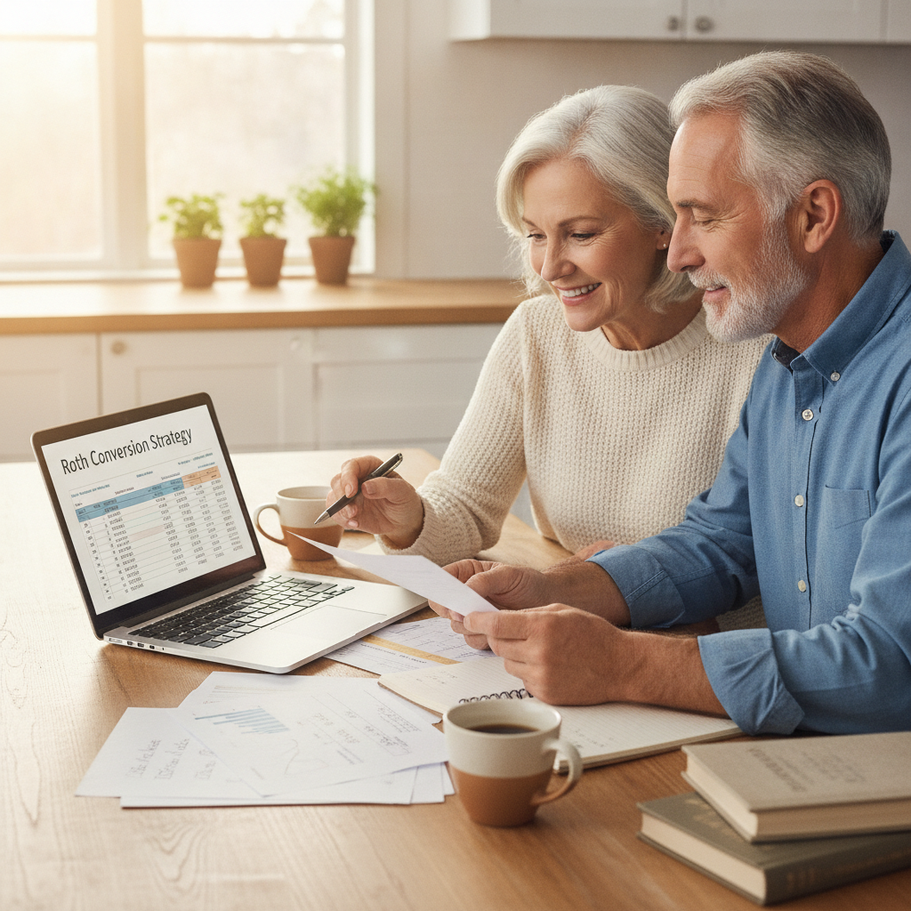 a retiree couple reviewing financial documents and a laptop at a bright kitchen table with coffee cups and a notepad showing tax bracket numbers — roth conversion