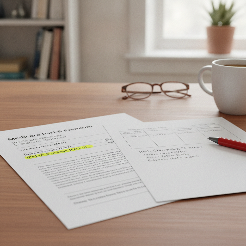 a close-up of a Medicare premium statement with a highlighted surcharge line and a financial planning worksheet showing IRMAA brackets beside it — roth conversion