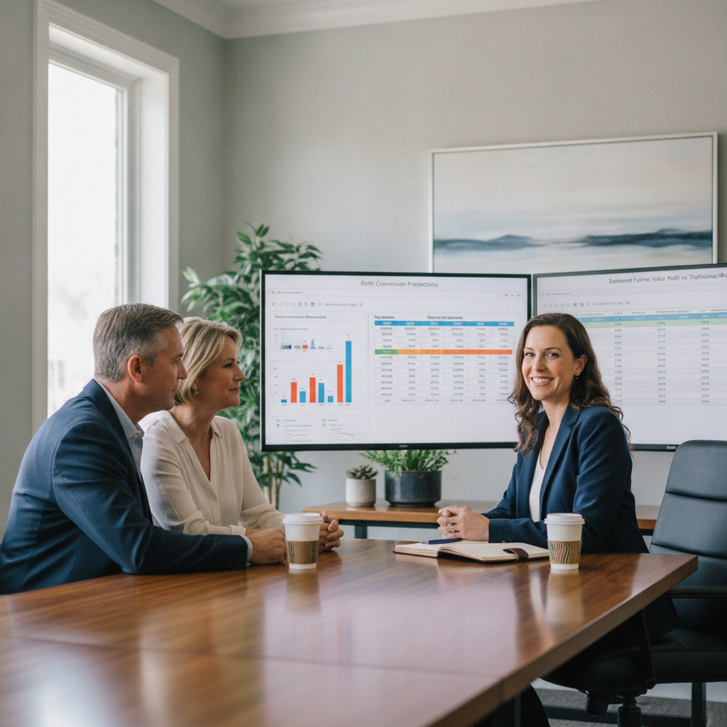 a financial advisor sitting across from a couple at a desk with multiple monitor screens showing tax bracket charts and Roth conversion projections in a professional office setting — roth conversion