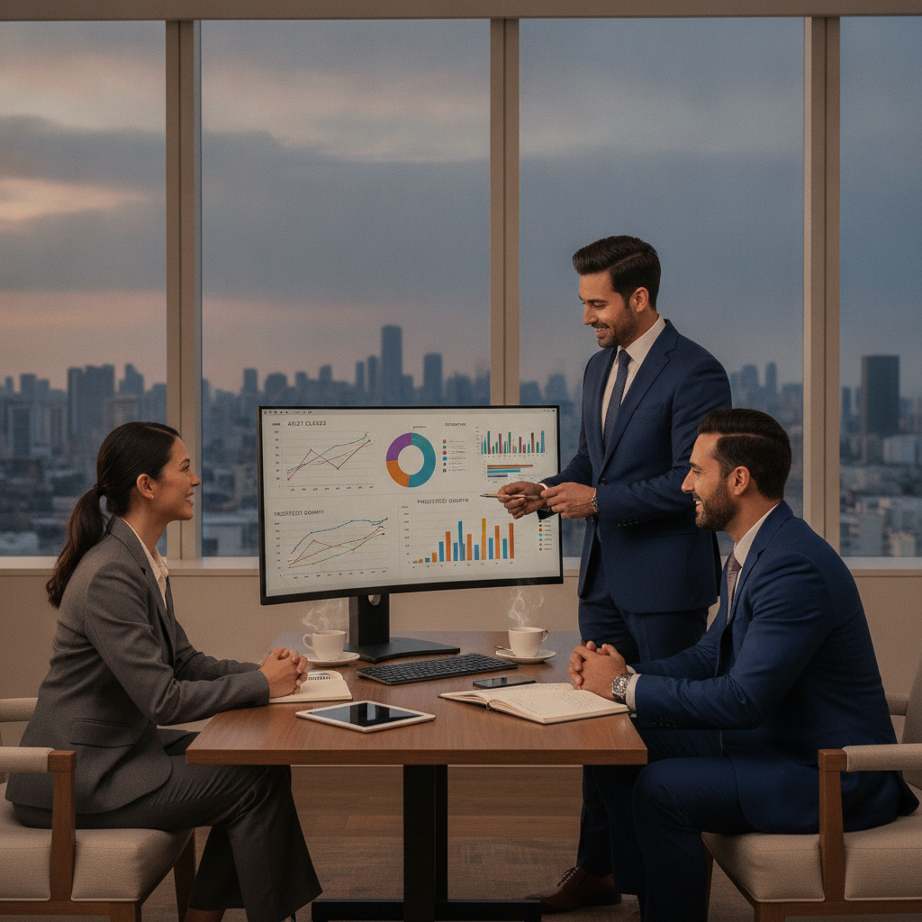 a financial advisor presenting a detailed portfolio chart on a large monitor to a well-dressed executive couple in a modern office with city views — portfolio investment strategy