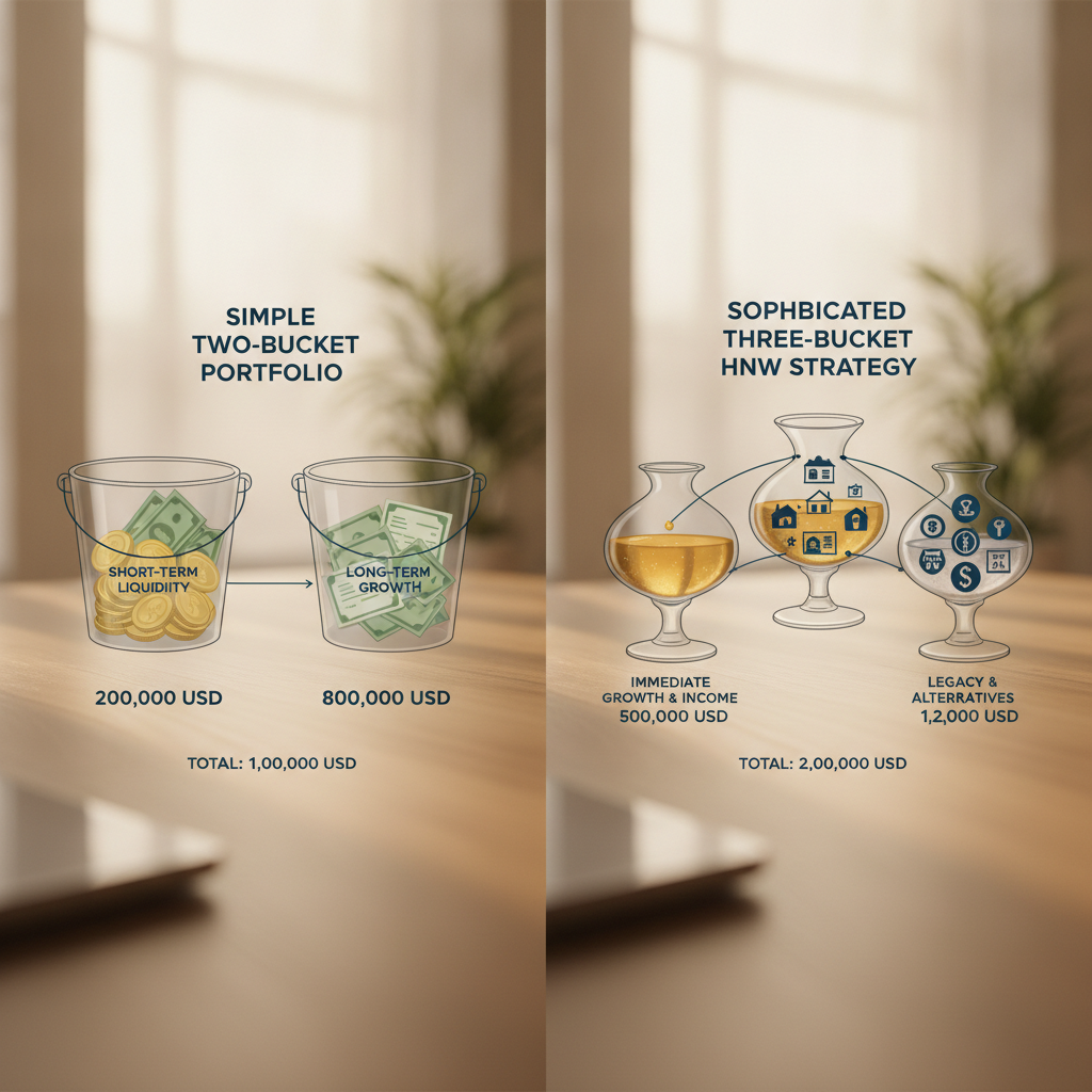 a split graphic comparing a simple two bucket portfolio versus a sophisticated three bucket HNW strategy with labeled allocation zones and dollar amounts — portfolio investment strategy