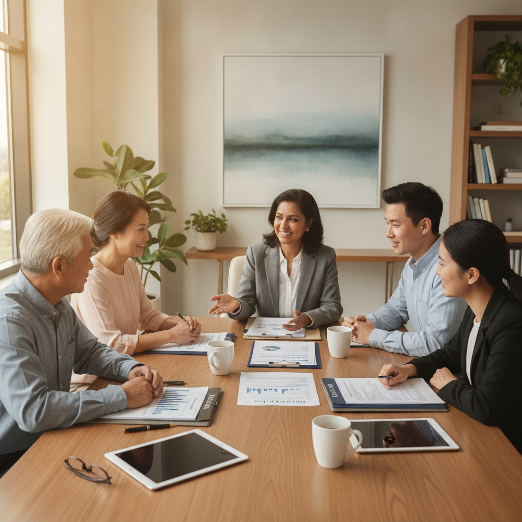 a multigenerational family meeting with a financial advisor around a conference table with documents and estate planning materials visible — portfolio investment strategy