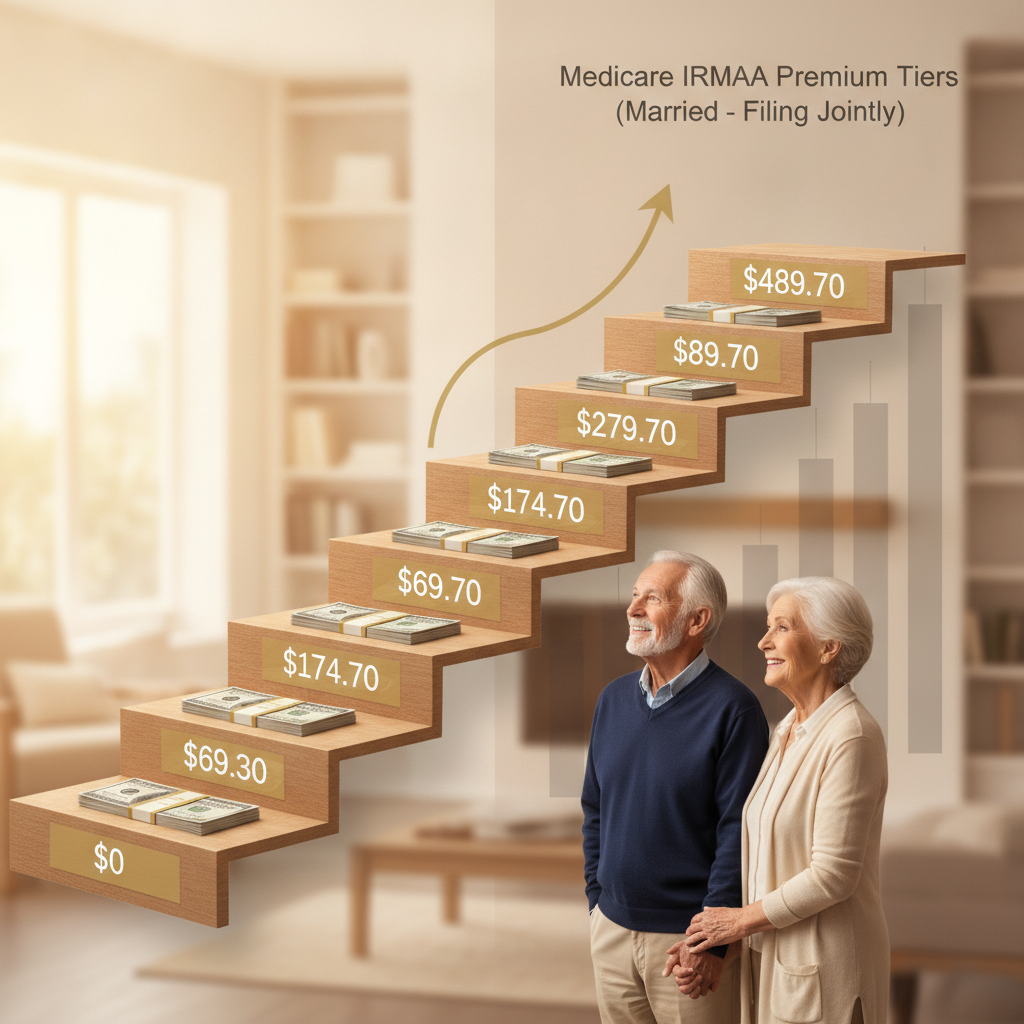 a clean side-by-side infographic showing Medicare IRMAA premium tiers rising like a staircase with dollar amounts at each step for a retired couple — medicare irmaa