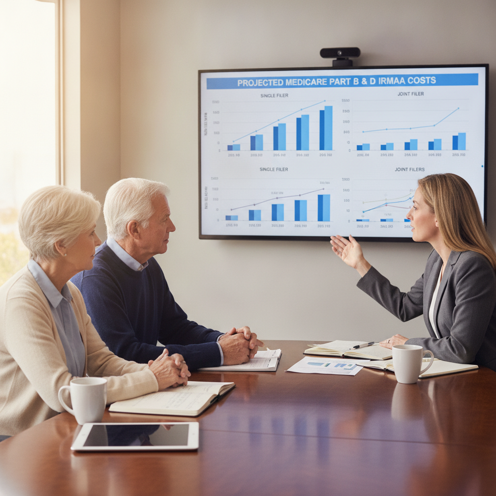 a retired couple seated across from a financial advisor at a conference table reviewing projected Medicare premium cost charts on a large monitor — medicare irmaa