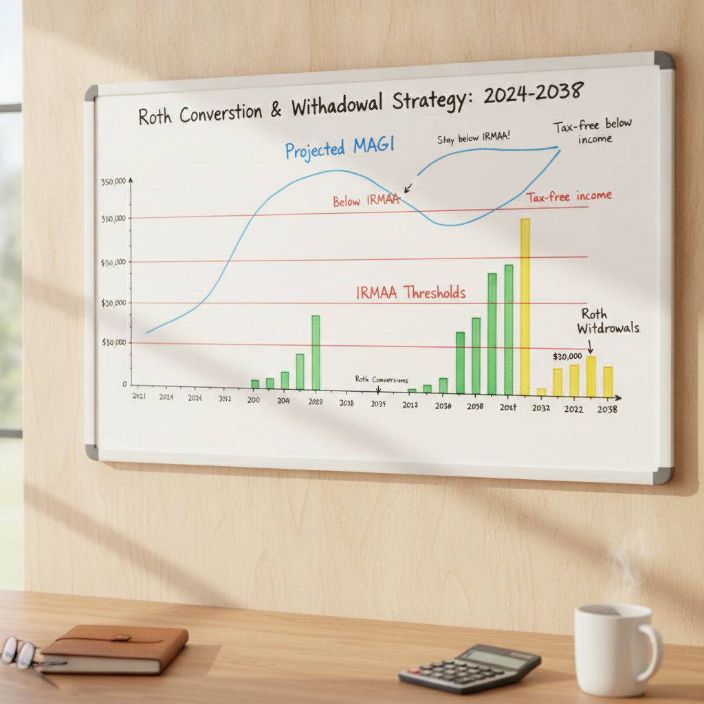 a whiteboard or planning document showing a tax-year-by-year Roth conversion and withdrawal strategy mapped out with projected MAGI levels relative to IRMAA thresholds — medicare irmaa