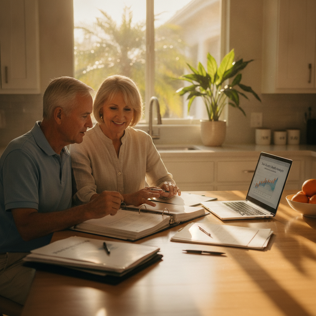 a retired couple in their early 60s reviewing financial documents at a bright kitchen table with a laptop open and sunlight coming through a Florida window — social security claiming