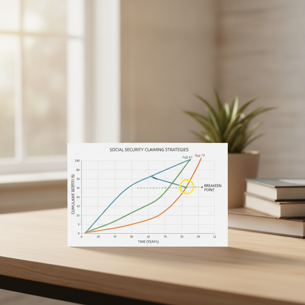 a clean financial comparison chart showing three benefit curves over time for claiming at 62 67 and 70 with a breakeven crossover point highlighted — social security claiming