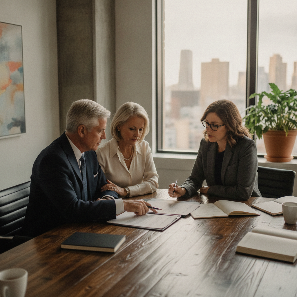 a high net worth couple reviewing estate planning documents with their attorney at a large conference table in a modern office — estate planning