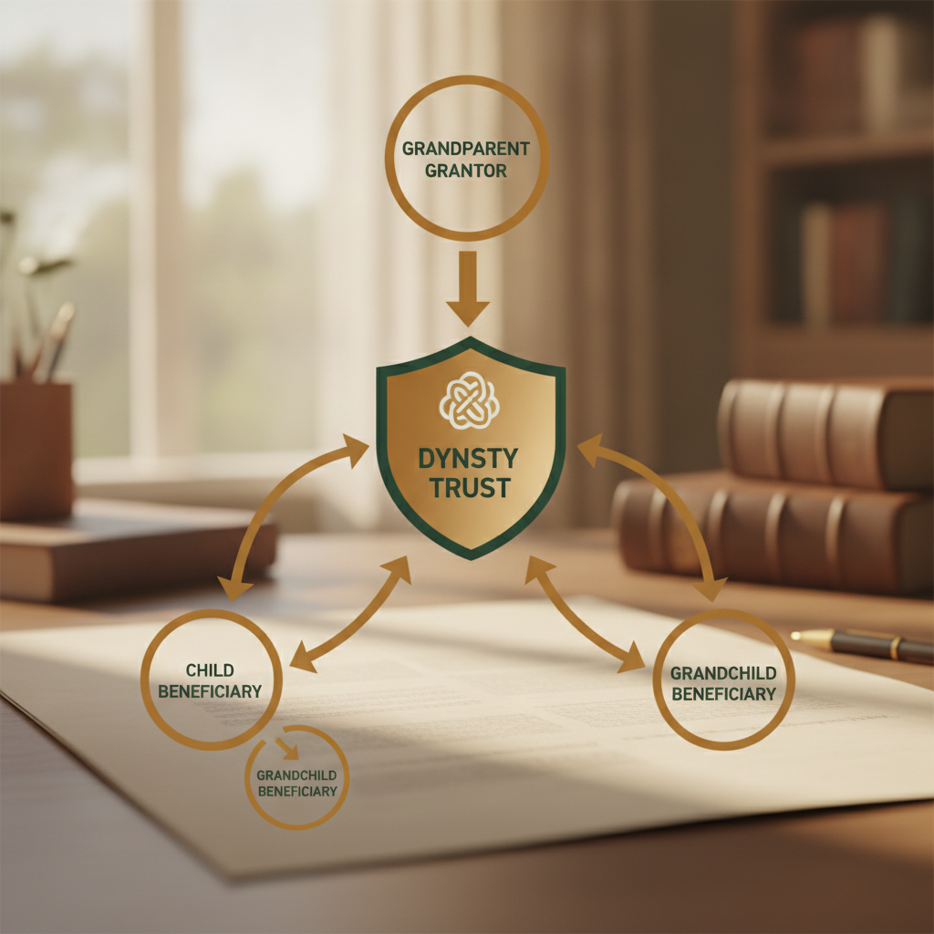a visual diagram showing wealth flowing through a dynasty trust across three generations with labeled nodes for grandparent grantor child and grandchild beneficiaries — estate planning