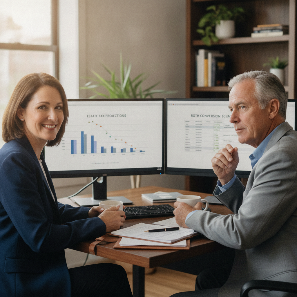 an advisor at a desk with a dual-monitor setup showing charts of estate tax projections and Roth conversion scenarios with a client seated across from them — estate planning