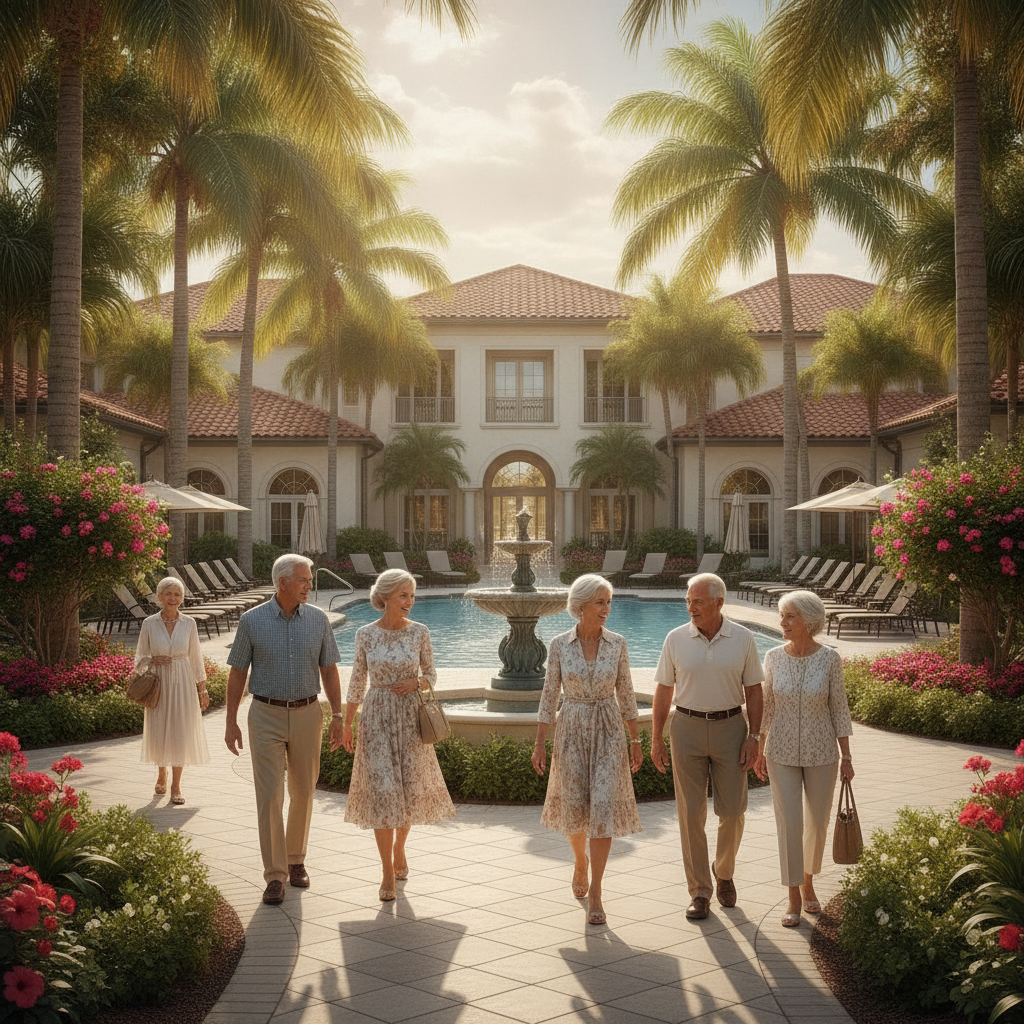 a Florida retirement community courtyard with palm trees and well-dressed retirees walking on a sunny day representing the premium lifestyle and associated costs — long-term care