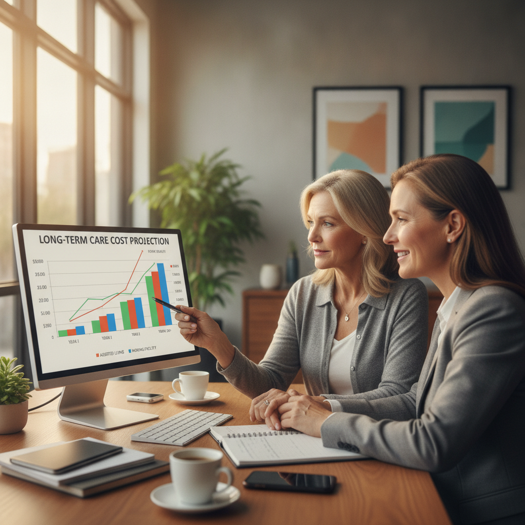 a financial advisor and a couple reviewing a long-term care cost projection chart on a large monitor in a modern office setting — long-term care