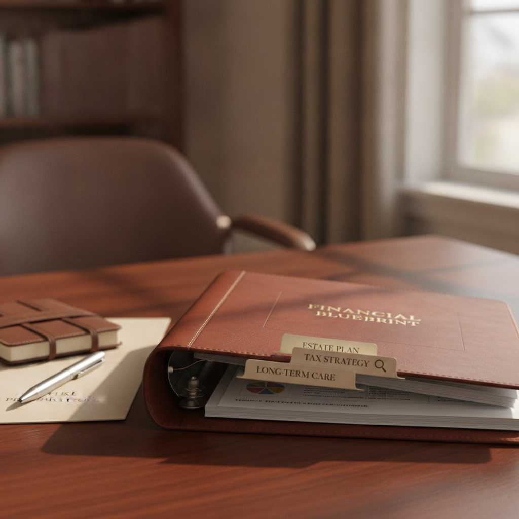 a close-up of a well-organized financial planning binder with tabs labeled estate plan tax strategy and long-term care on a mahogany desk — long-term care