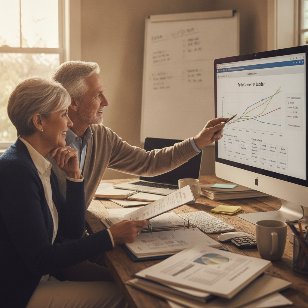 a professional retiree couple reviewing a multi-year tax projection chart on a large monitor in a home office with financial documents spread on the desk — roth conversion ladder