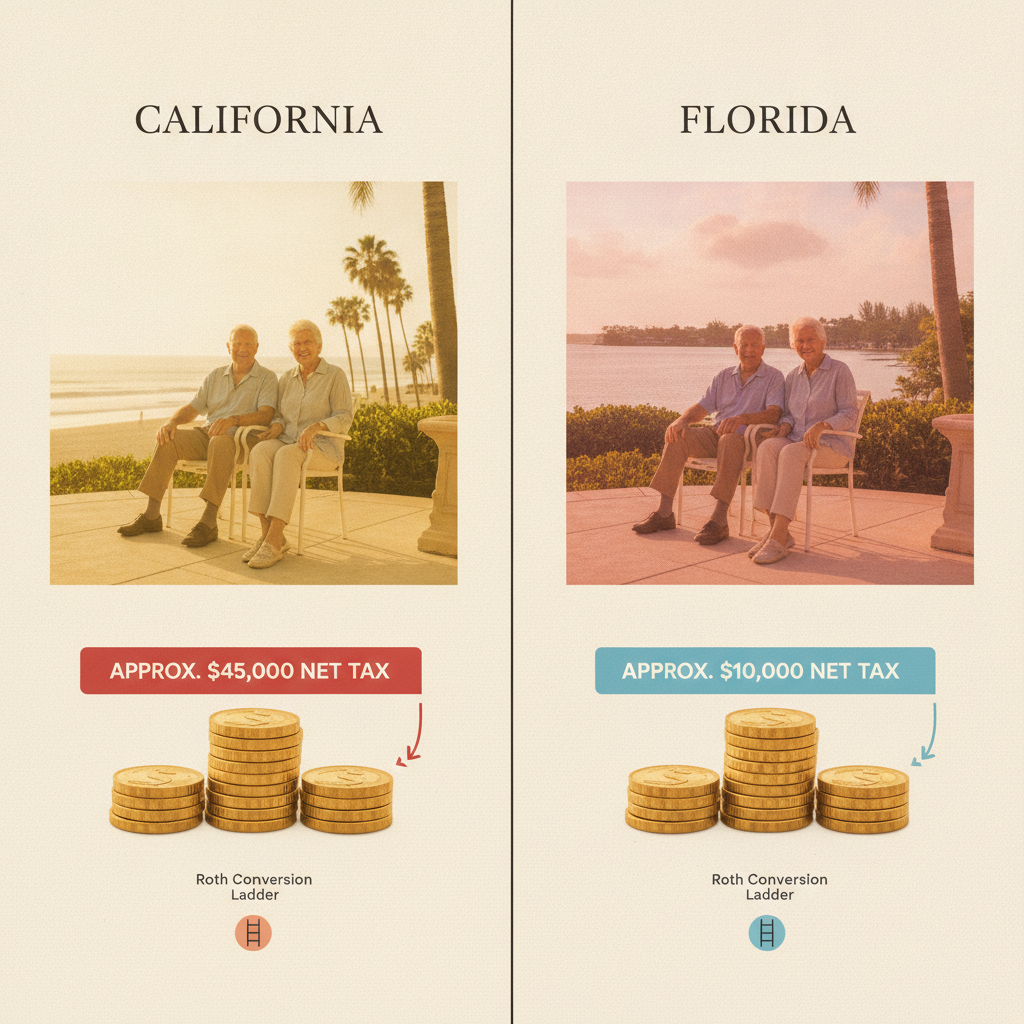a side by side infographic showing two tax scenarios for a HNW retiree converting 200000 dollars in California versus Florida with dramatically different net tax costs — roth conversion ladder