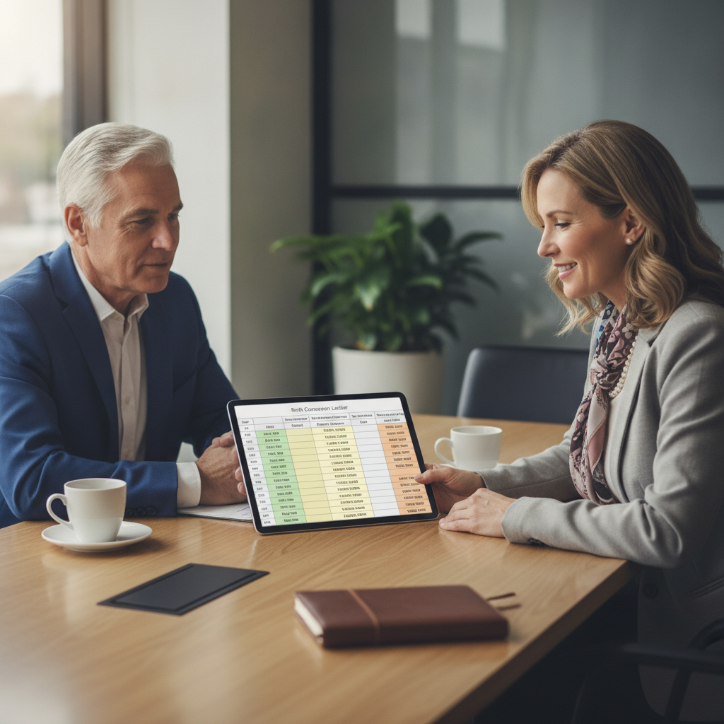 a financial advisor sitting across from a high net worth couple at a conference table reviewing a multi-year roth conversion projection spreadsheet with tax brackets highlighted in different colors — roth conversion ladder