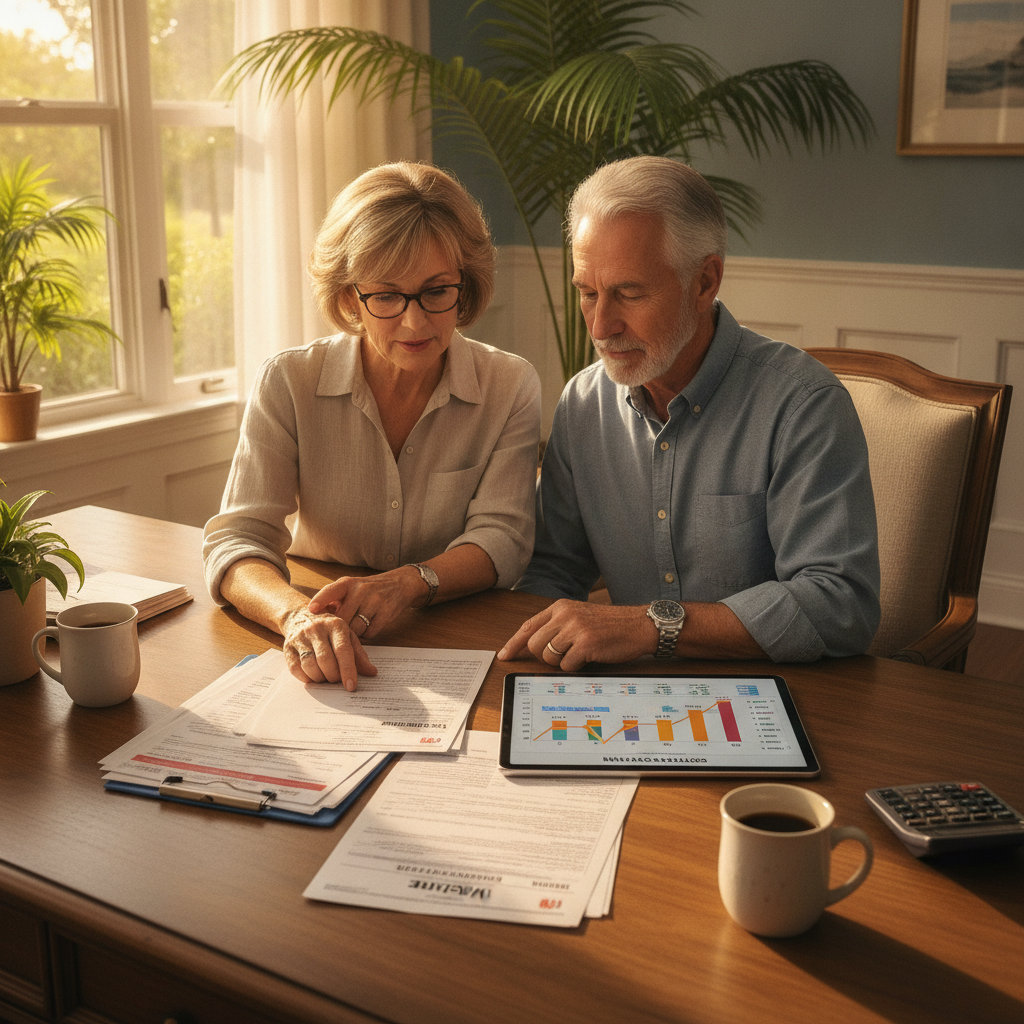 a retired couple in their 60s reviewing Medicare paperwork and a financial projection chart at a bright Florida home office with sunlight coming through the window — roth conversions irmaa