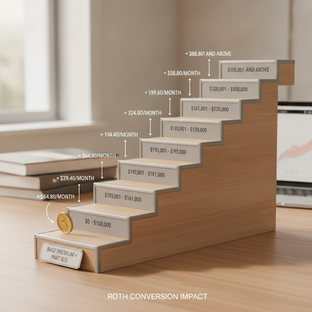 a clean infographic-style diagram showing IRMAA income thresholds as a staircase with dollar amounts at each step and premium increases labeled — roth conversions irmaa