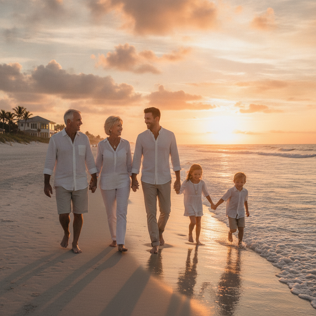 a multi-generational Florida family walking together on a beach at sunset representing long-term wealth transfer and retirement planning conversations — roth conversions irmaa